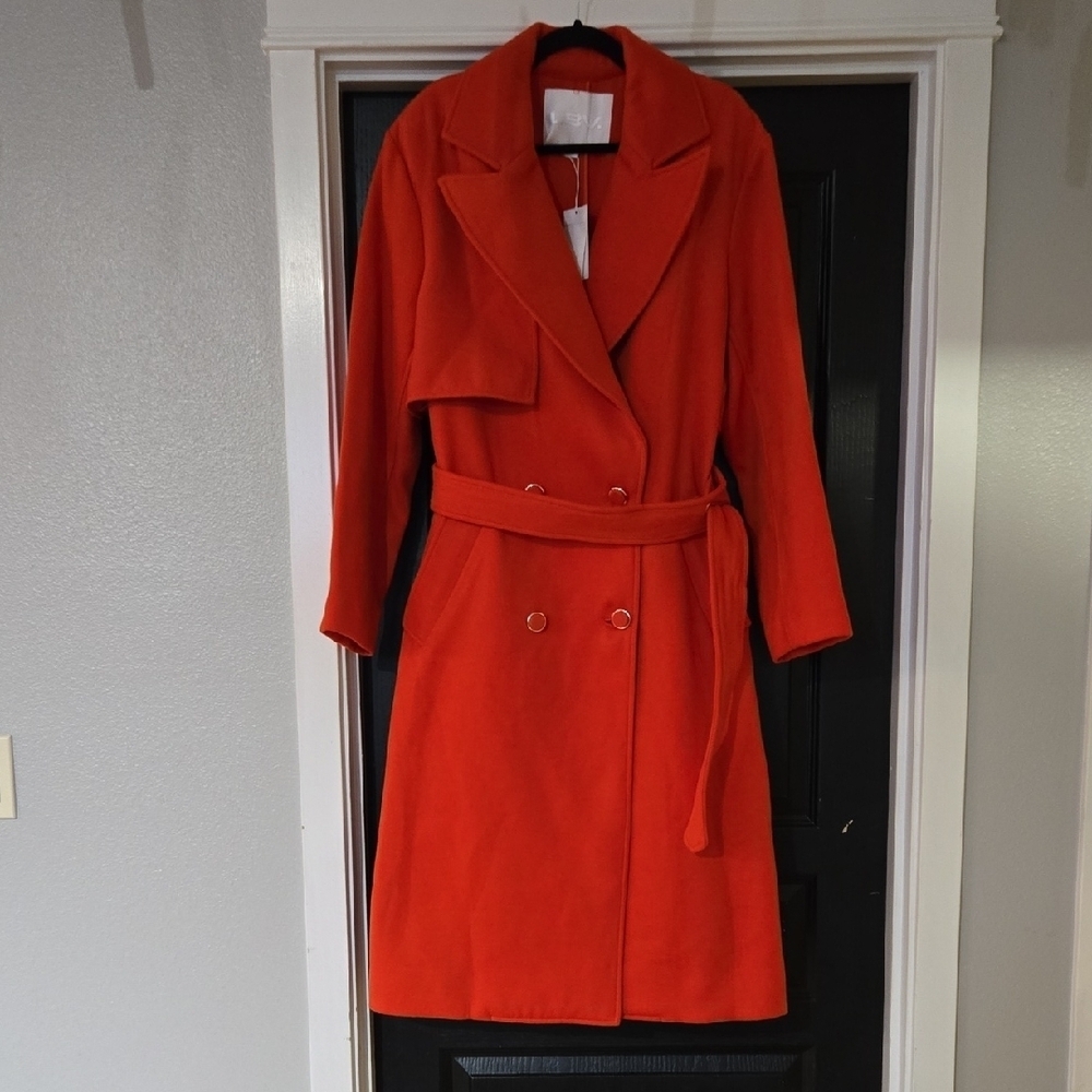 NWT LBV Double Faced Longline Coat In Flame Reddish Orange Size Large